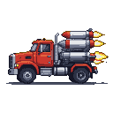 Bright red truck with three large silver rockets on its bed, emitting fiery exhaust.