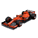 Vibrant red Formula 1 car with detailed wings and wheels, set against a black background.