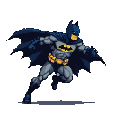 Batman in mid-stride, cape billowing, with bat symbol on chest.