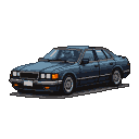 A dark blue sedan with retro design elements, detailed pixel art, illuminated headlights and taillights, against a black background.