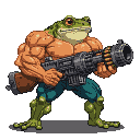 Muscular frog with a large minigun, wearing teal trousers.