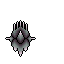 Abstract, symmetrical, grey and muted pink pixelated figure with sharp protrusions and wing-like extensions against a dark background.