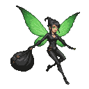 Mischievous pixie in black outfit with vibrant green wings outstretched, clutching a bulging black bag.
