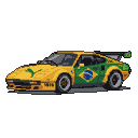 A yellow and green 1976 Puma GTE sports car with a Brazilian flag on its side and a Puma logo on the hood, featuring a rear spoiler.