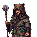 Stoic druid with a bear hood and fur trim, holding a mystical staff. Wears weathered green and brown robes with leather straps and pouches, one containing purple flowers.