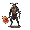 Humanoid devil goat with dark scales, jagged horns, skeletal face, and a menacing grin, holding a blazing axe.