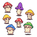 Pixel Art: set of kawaii muchrooms, each unique in unique pose