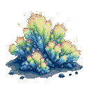 A cluster of bioluminescent algae with deep blue and teal fronds that glow yellow and green at the tips.