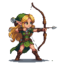 Light elf ranger with golden hair, wearing forest-green attire and a pointed cap, aims a drawn bow with an arrow nocked.