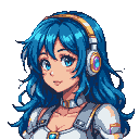 Young woman with azure hair and blue eyes, wearing golden headphones with purple and teal accents, and a white and silver futuristic outfit.