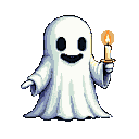 Stylized white ghost with a flowing sheet, holding a lit golden candle.