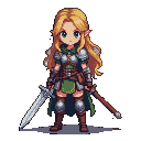 A blonde elven warrior in segmented armor with a green tunic and brown leather accents, holding a silver sword.
