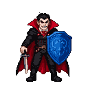 A menacing vampire with slicked dark hair and a sinister grin, holding a silver dagger in his left hand and a blue shield in his right. He wears a black cape lined with crimson and a high-collared shirt.
