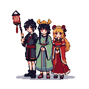 Three characters in traditional East Asian attire: a figure with red eyes and a red lantern, a figure with red eyes in a green robe and gold headdress, and a figure with blonde hair and red ribbons in a red and gold kimono.