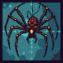 A colossal spider with spindly brown legs and yellow joints hangs against a murky teal background with glowing particles. Its reddish-brown body features a prominent, glowing yellow abdomen.