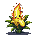 Anthropomorphic banana with a fiery top and expressive face, bursting from green foliage.