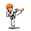 A person with ginger hair performs a Taekwondo side kick, wearing a white gi.