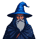 A wise old wizard with a tall, pointed blue hat speckled with white stars and a dark, star-dusted cloak. His long ashen beard frames his stern face and determined gaze.