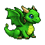 A small, vibrant green dragon with large blue eyes, a mischievous grin, and golden horns.