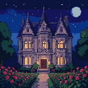 Pixel Art: A beautiful elegant Gothic mansion with a rose garden and a ...
