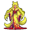 Kitsune woman with flowing yellow hair, red fox ears, red eyes, and red and purple patterned kimono, showing a prominent fluffy fox tail.