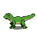 A small, bright green cartoon lizard with a tan belly, large orange-eyed, with its tail extended.