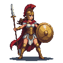 Warrior in golden armor with a red cape, holding a spear and shield.