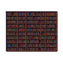 A vast, dark wooden bookshelf filled with numerous books in shades of red, blue, and green.