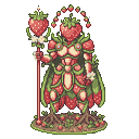 Anthropomorphic strawberry knight in segmented armor with leafy green accents, holding a strawberry-topped staff. A halo of tiny strawberries arches over its head.