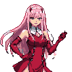 Anime character with long pink hair, horns, and a vibrant red dress, striking a confident pose.