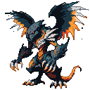 A menacing gargoyle with spread wings and bared fangs, its dark body illuminated by fiery orange and yellow bursts from its chest and wingtips.