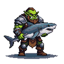 A green-skinned orc with tusks holds a blue and gray shark.