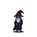 A wizened scholar in a purple pointed hat and dark robe with gold trim, wearing dark spectacles and a long white beard, stands with an unadorned staff.