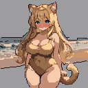 Shy, cat-eared anime girl with blonde hair and a blush, wearing a light brown swimsuit, stands on a beach with a hazy ocean background.