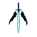 A cyan glowing sword with dark feathered wings spread wide against a black background.
