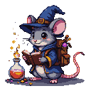 Mouse wizard in blue robe and hat reads a spellbook next to a glowing potion.