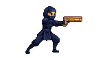 Determined ninja in dark blue, low ready stance, aiming a golden pistol.
