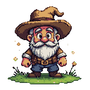 A grizzled old man with a long beard and hair, wearing a floppy hat, rugged jacket, and blue trousers, stands in grayish-green grass with glowing orbs and delicate flowers.