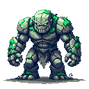 Pixel Art: stone golem with moss on it (generated with AI and edited by Tarnfira Runesmith).