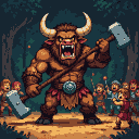 A colossal, brown-furred minotaur with sharp teeth and upward-curving horns roars, gripping a stone-headed club. Behind it, small, terrified humanoids recoil with crude weapons in a dimly lit, pixelated forest clearing.