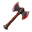 A double-headed battle axe with a metallic, riveted head, heavily stained with fresh red blood. The wooden handle is wrapped with textured material.