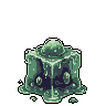 Amorphous green slime cube with dark inclusions, rendered in pixel art with an isometric perspective.