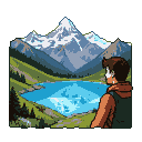 A lone figure stands with their back to the viewer, overlooking a clear alpine lake reflecting snow-capped mountains. Green hills with dark evergreen trees slope towards the water.