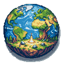 A pixelated Earth with green continents and a gnarled tree, a bright plume of light erupting from its equator against a dark background.