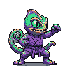 A fierce chameleon in a purple karate gi, with vibrant green and purple scales, yellow eyes with green pupils, and a toothy grin, stands in a defensive combat stance with one fist raised.