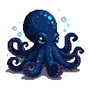 A deep-night colored octopus with glowing bioluminescent spots and expressive pixel eyes, surrounded by ethereal squares of light.