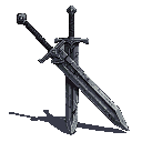 Pixel Art: Pixel art of the Dragon Slayer sword from Berserk. Only the sword, no character. Large, heavy, dark steel blade with scratches and a worn look. Dark leather handle and simple crossguard. Gritty, dark fantasy style. Transparent or dark background. (generated with AI by Sarield Pixie).