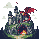 A red dragon with outstretched wings perches atop a grey stone castle on a rocky outcrop. Fiery energy erupts from a cave entrance below.