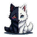 A pixel art wolf with a black left side and white right side, featuring crimson eyes on the left and sapphire blue eyes on the right, sitting attentively.