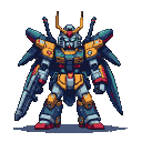 A dark blue and gold mecha with a golden horn crest and wing-like shoulder structures, holding a futuristic rifle.
